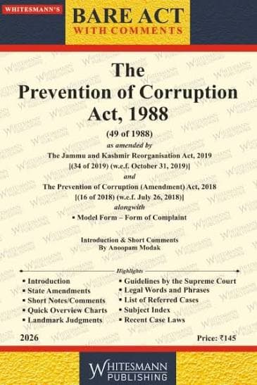 The Prevention of Corruption Act, 1988 bare act with comments book cover, Whitesmann Publishing, Edition 2026, English medium