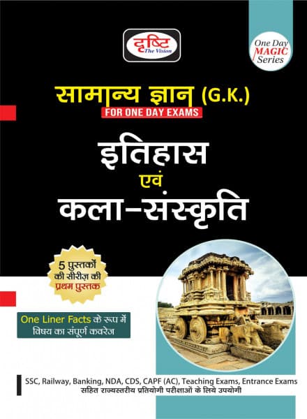 Drishti One Day Magic Series Samanya Gyan Itihas evam Kala-Sanskriti book cover, history and art-culture GK one-liners, Hindi medium