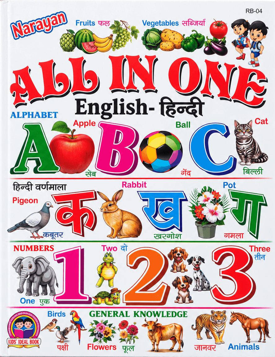 Narayan All In One English-Hindi Kids Learning Book cover featuring alphabets, Hindi Varnamala, numbers, fruits, vegetables, birds, animals, flowers, and general knowledge.