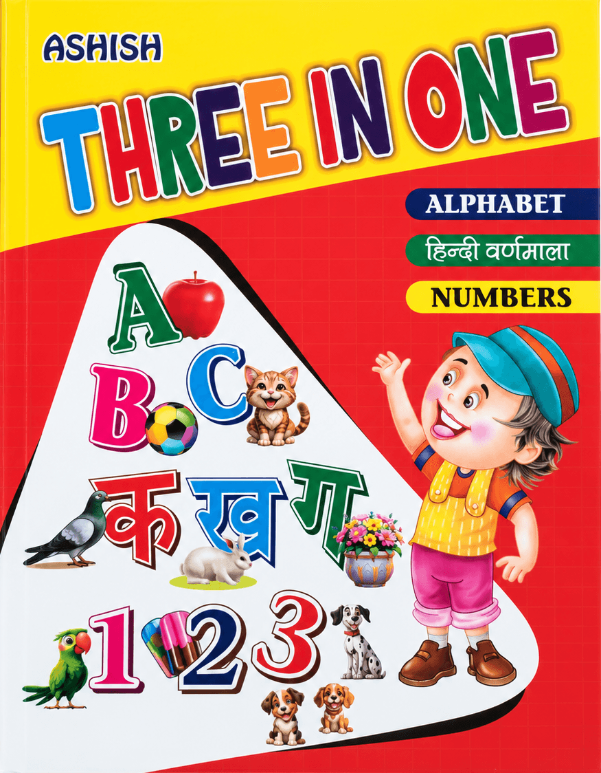 Ashish Three in One children's educational book by Narayan Book Depot featuring English alphabets, Hindi Varnamala, numbers, colourful illustrations, body parts and five senses learning charts.