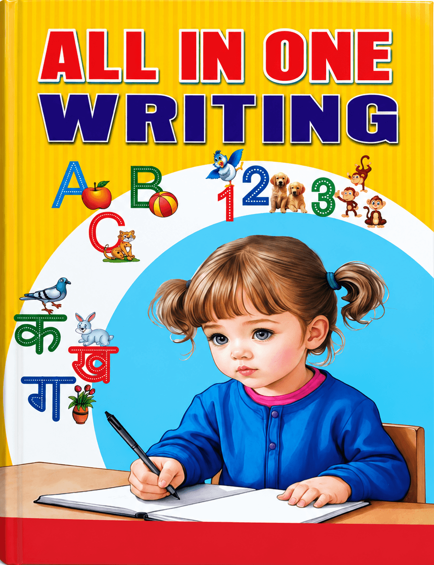 All in One Writing kids educational workbook with English alphabets, Hindi letters, numbers and handwriting practice